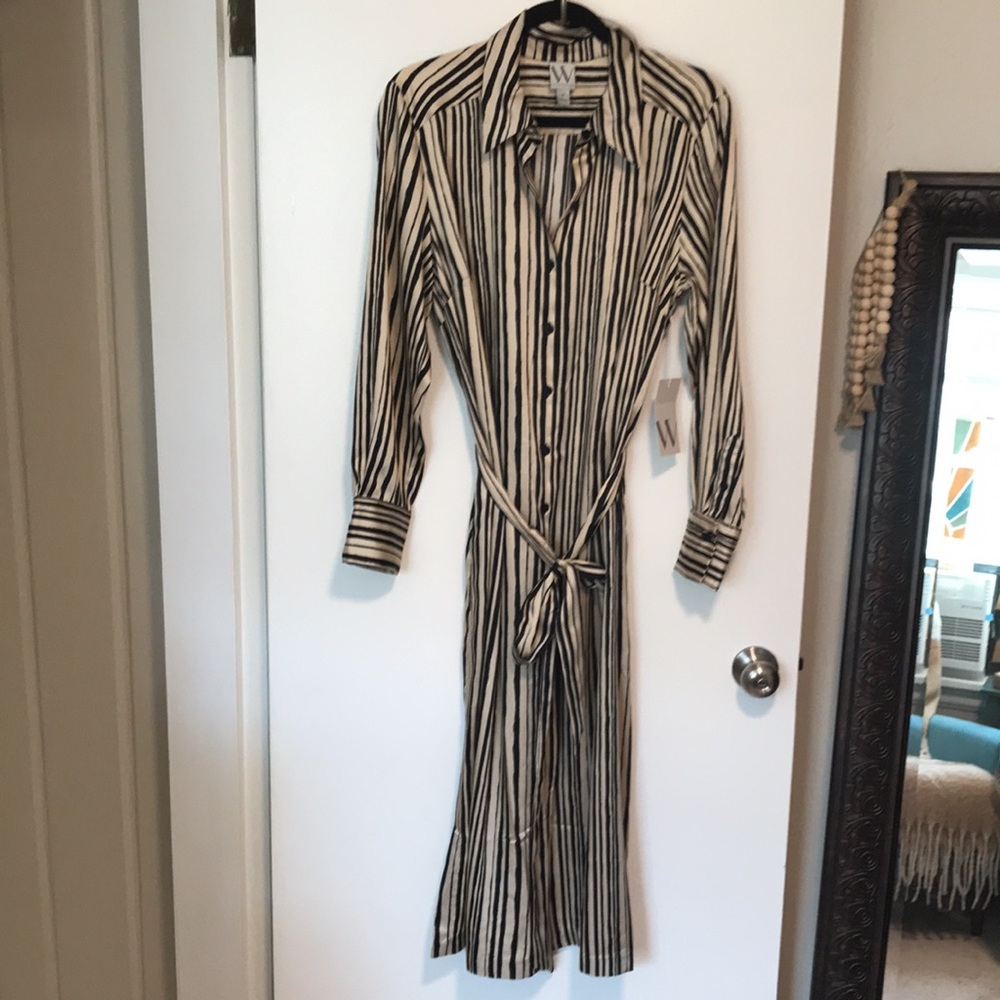 Worthington Women's 16 Shirt Dress Black Tan Satin Stripe Belted Midi - Picture 2 of 7